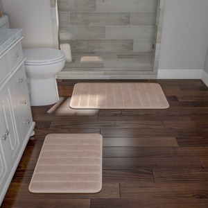 Bathroom Rug Set-2-Piece Memory Foam Bathmats-Striped Microfiber Top-Non-Slip Absorbent Runner for Bathroom or Kitchen by Hastings Home (Beige) - 1 of 4