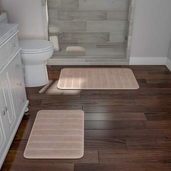 Bathroom Rug Set-2-Piece Memory Foam Bathmats-Striped Microfiber Top-Non-Slip Absorbent Runner for Bathroom or Kitchen by Hastings Home (Beige)