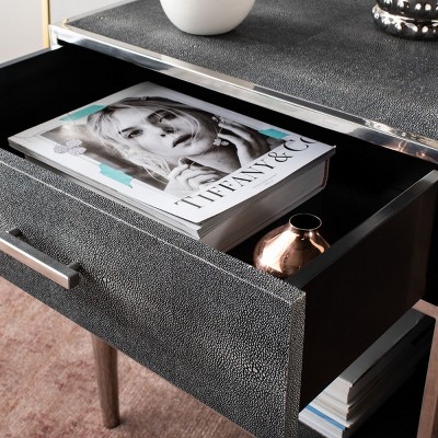 Tammy Transitional Black Faux Shagreen Silver Accent Nightstand