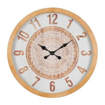 30"x30" Wooden Mandala Wall Clock with White Backing Brown - Olivia & May