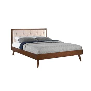 Queen Reid Mid-Century Platform Bed in Walnut Finish with Tufted Headboard in Oatmeal Fabric - Linon