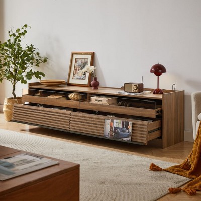 Chic Crate-Modern Media Console – 4-Drawer Tempered Glass TV Stand w/ Built-In Charging Ports, LED Lighting & Multi-Style Versatile Design
