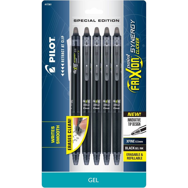 Pilot 5pk FriXion Synergy Clicker Erasable Gel Pens Extra Fine Point 0.5mm Black Ink, 1 of 9