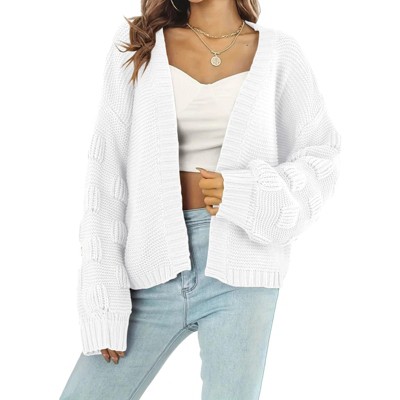 Womens Chunky Sweater Cardigan Open Front Cable Knit Sweater with Lantern Sleeve,White - 2XL