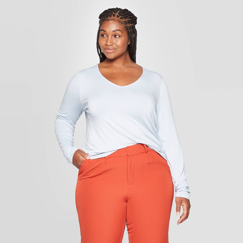 Women's Plus Size Long Sleeve V-Neck T-Shirt - Ava & Viv Light Blue 4X, Women's, Size: 4XL was $12.0 now $8.4 (30.0% off)