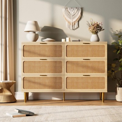Rattan 5/6 Drawer Dresser for Bedroom, Large Double Dresser with Deep Drawers, Chest of Drawers for Closet with Wide Top
