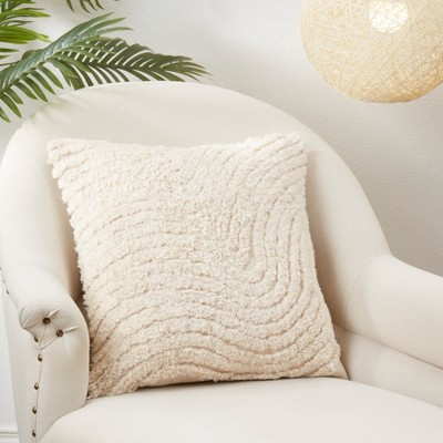 Beige Cotton Wavy Tufted 20" Square Throw Pillow Cover