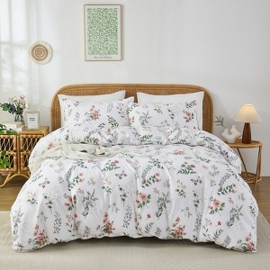 Cotton Duvet Cover Set – 100% Washed Cotton Reversible Floral Bedding with Zipper Closure, Soft Breathable 3-Piece Set - 1 of 4