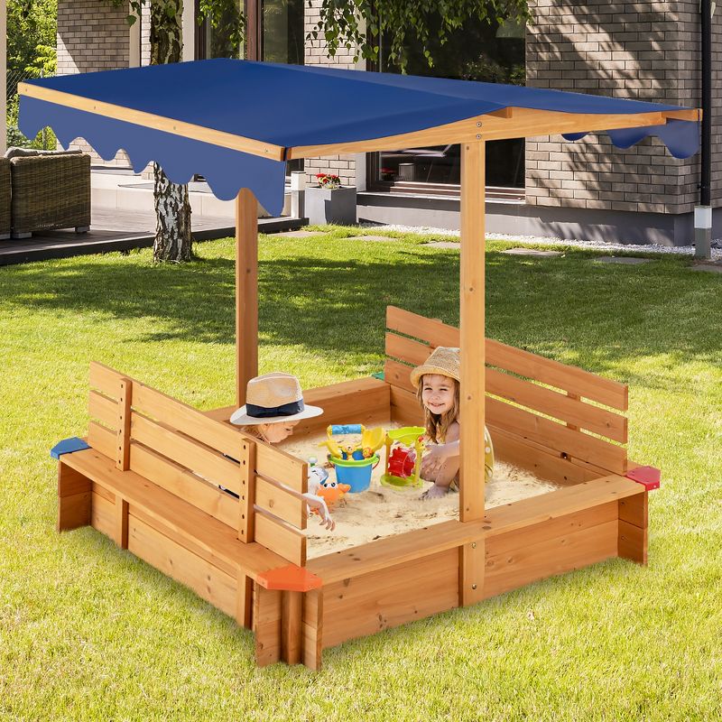 Costway Kids Wooden Sandbox w/ Canopy & 2 Bench Seats Bottom Liner for Outdoor, 3 of 11
