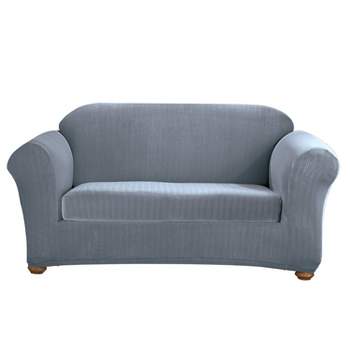 2pc Stretch Poly Striped Loveseat Slipcovers French Blue - Sure Fit