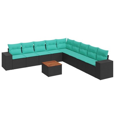 vidaXL 10 Piece Patio Sofa Set with Cushions Black Poly Rattan - Black and Blue