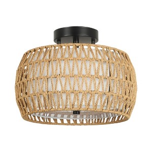 DAKAFUL Boho Rattan Semi Flush Mount Ceiling Light ¨C Farmhouse Light Fixture with Fabric Shades for Kitchen, Living Room (Bulb Not Included)- Brown - 1 of 4