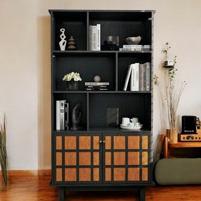 Alilang 37.00 Inch Modern Black Wooden Cabinet with Open Shelves and Decorative Paneled Doors - Black
