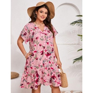 Coolmee Women Plus Size Casual Boho Floral Short Sleeve V Neck Single Breasted Ruffle Mini Dress With Pocket - 1 of 4