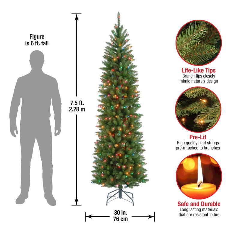 National Tree Company 7.5 ft Artificial Pre-Lit Slim Christmas Tree, Green, Kingswood Fir, Multicolor Lights, Includes Stand, 5 of 6