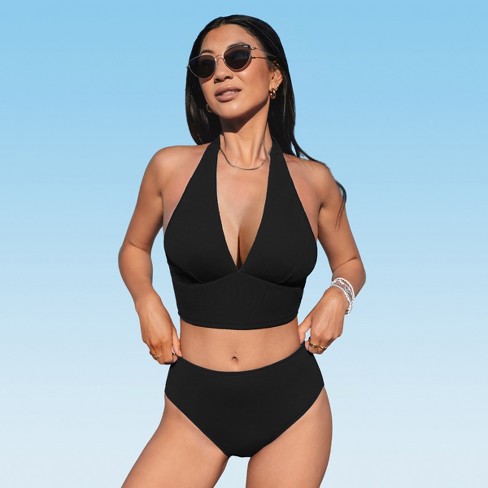 Women's Ribbed Scoop Neck High Waist Bikini Set Swimsuit - Cupshe-xl-black  : Target