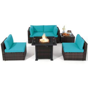 Tangkula 6 Piece Patio Wicker Conversation Set, Outdoor Rattan Sofa Set w/ 32" Propane Fire Pit Table, 50,000 BTU Heat, Tempered Glass Tabletop Black/Navy Blue/Red/Turquoise/Off White