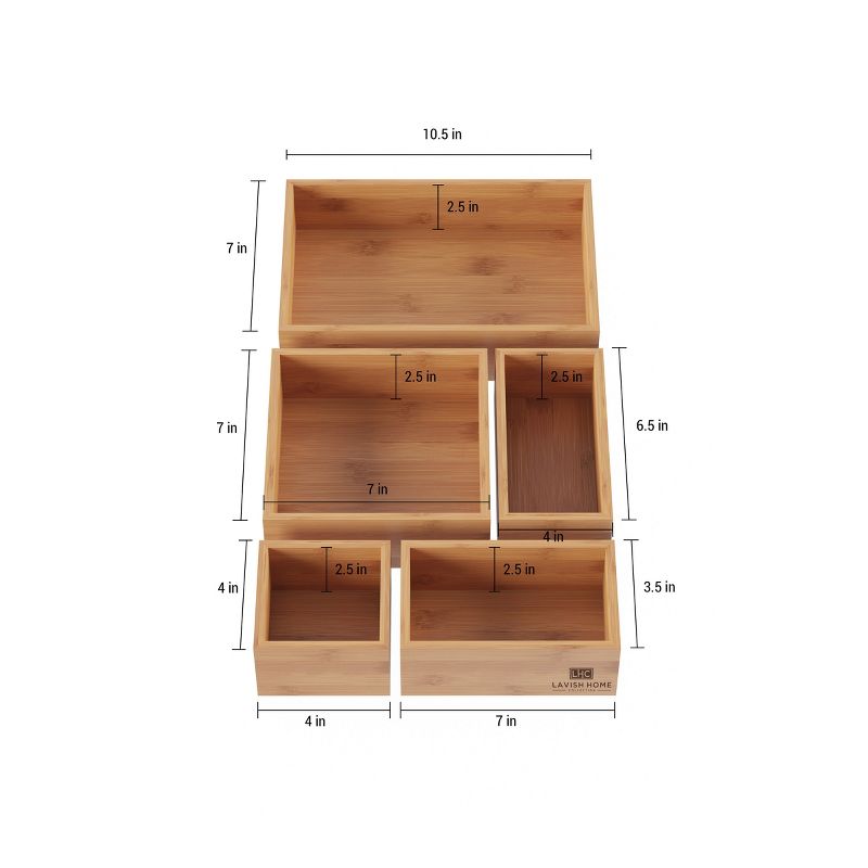 Drawer Organizer -5 Compartment Modular Natural Wood Bamboo Space Saver Tray Storage for Kitchen, Office, Bedroom and Bathroom by Hastings Home, 2 of 7
