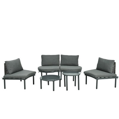 FIONECA 6-Piece Half Moon Outdoor Sectional Sofa Set with 2 Coffee Tables, Gray PE Wicker Patio Furniture with Cushions & Pillows