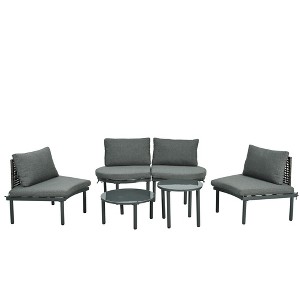 FIONECA 6-Piece Half Moon Outdoor Sectional Sofa Set with 2 Coffee Tables, Gray PE Wicker Patio Furniture with Cushions & Pillows - 1 of 4