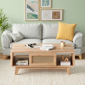 MAYEERTY 44-Inch Natural Modern Square Wooden Coffee Table - With Rattan Drawer for Living Room - 1 of 4