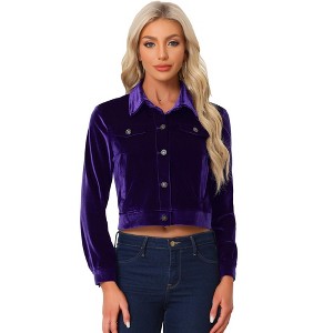 Allegra K Women's Cropped Velvet Retro Button Up Slash Pockets Old Fashion Casual Jackets - 1 of 4