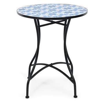 Tangkula 28.5" Patio Mosaic Round Bistro Metal Table with Heavy-Duty Steel Frame&Ceramic Tile Tabletop for Outdoor Garden Deck Backyard