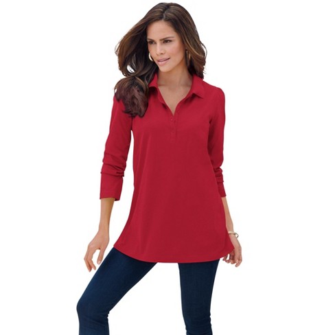 Roaman's Women's Plus Size Long-sleeve Polo Ultimate Tee - 1x, Red