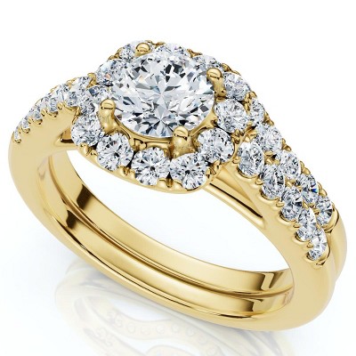 Pompeii3 1 1/10Ct Cushion Halo Diamond Engagement Ring & Matching Band Gold/Pt Lab Created