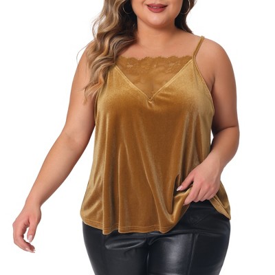 Agnes Orinda Women's Plus Size Adjustable Sleeveless Strap Fashion Casual  Lace V Neck Velvet Camisole Brown 2X