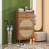 TIRAMISUBEST Farmhouse Shoe Cabinet - 2-Door Walnut & Rattan (23"W x 43"H) - 3 of 4