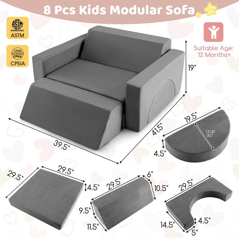 Costway Kids Modular Play Sofa 8 PCS with Detachable Cover for Playroom & Bedroom Indoor Pink/Grey, 3 of 11