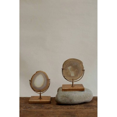Natural Agate Stone Slice on Distressed Gold Metal Stand
