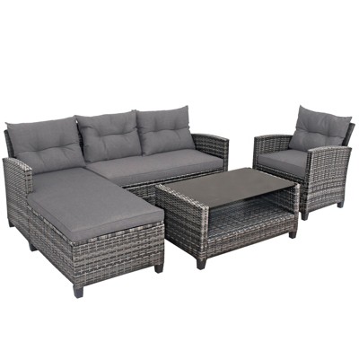 Tangkula 4PCS Patio Rattan Furniture Set Outdoor Wicker Sofa Loveseat Set w/Extra Cushion Gray