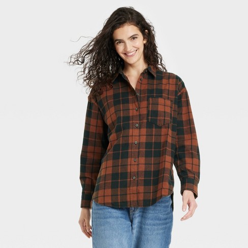 Women's Long Sleeve Flannel Button-down Shirt - Universal Thread™ Brown ...