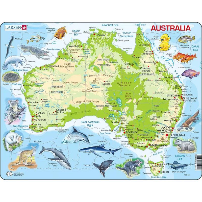 Larsen Puzzles Australia Map with Animals Kids Jigsaw Puzzle - 65pc, 1 of 6