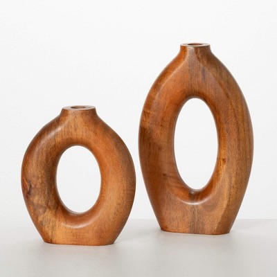 Sullivans 12.75" & 9" Hollow Mango Wood Vase Set of 2, Brown