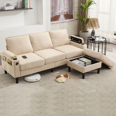 SKRAN 3-seat Sectionals with Storage Ottoman & 2 Cup Holders, L-Shaped Combo Sofa, for living room apartment bedroom and compact room