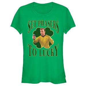 Juniors Womens Star Trek: The Original Series St. Patrick's Day Captain Kirk Set Phasers to Lucky T-Shirt - 1 of 4