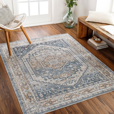 Emmett Navy Blue and Beige Hand-knotted Synthetic Fur Rug 7'10" x 10'2"