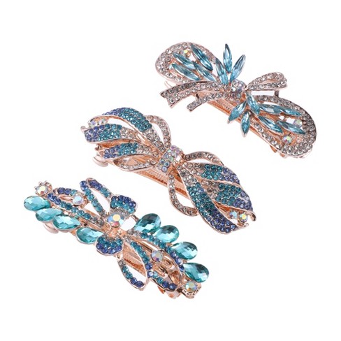 Unique Bargains Women's Sparkly Rhinestones Hair Clips Hair Barrettes  Hairpin 3 Pcs Blue