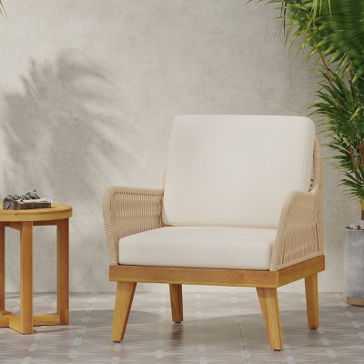 Outdoor Lounge Chair with Cushions,Acacia Wood and Rope Weave Club Chair for Patio or Balcony–Maison Boucle