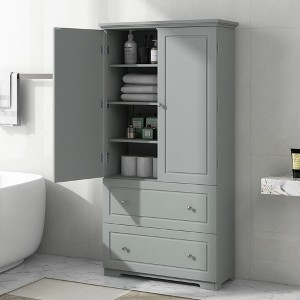 TiramisuBest Wide Bathroom Storage Cabinet, Freestanding Storage Cabinet with Two Drawers and Adjustable Shelf, MDF Board with Painted Finish, Grey - 1 of 4