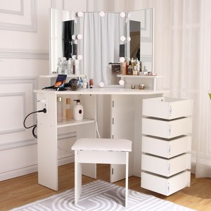 Nasitip Makeup Vanity With Mirror, Corner Vanity Table With 5 Rotating Drawers,3 Color Lighting, Shelves and Stool, Dressing Table Set for Women Girls - 1 of 4