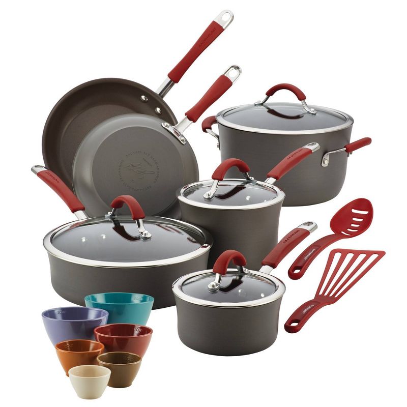 Rachael Ray Cucina Hard Anodized 18pc Nonstick Cookware and Measuring Cup Set Red/Gray, 1 of 11