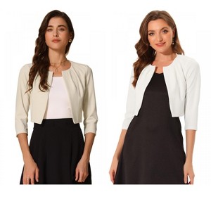 INSPIRE CHIC Women's 3/4 Sleeve Collarless Pleated Open Front Cropped Cardigan 2 Packs - 1 of 4