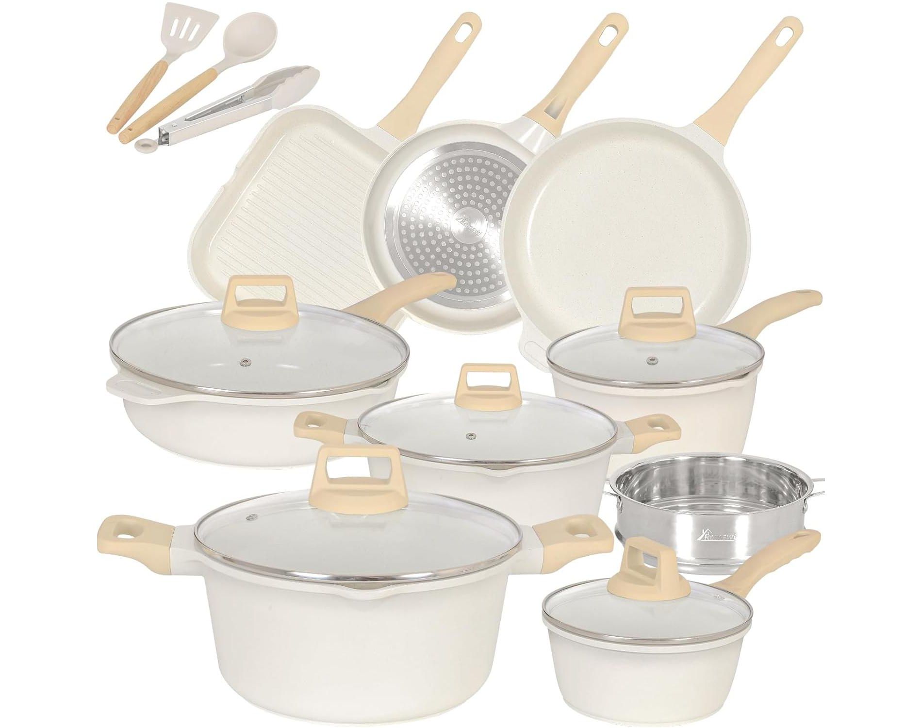 Romswi 23 Piece Kitchen Cookware Set, Non Stick Pots and Pans Set, Induction Cookware with Utensil and Pan Protectors, White