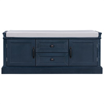 COWLOWN Multifunctional Storage Bench with 2 Drawers & 2 Cabinets, Entryway Shoe Bench with Removable Cushion