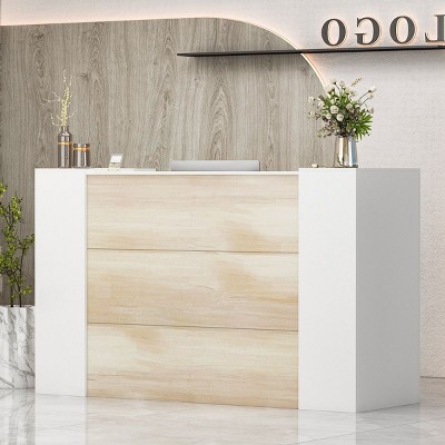 Famapy Light Oak White Reception Desk,Lockable Cabinets+Cable Management+Adjustable Shelves,Modern Reception Counter for Office & Business Front