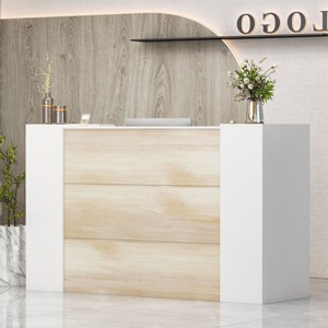 Famapy Light Oak White Reception Desk,Lockable Cabinets+Cable Management+Adjustable Shelves,Modern Reception Counter for Office & Business Front - 1 of 4